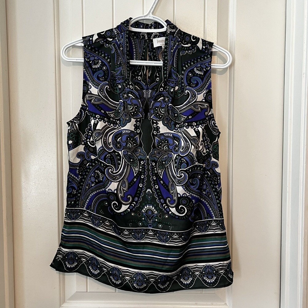 Laundry By Shelli Segal Medium 8 Blue Black Paisley Sleeveless V-neck Blouse